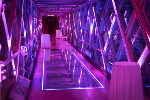 The walkways provide a glamorous entry between the two towers of Tower Bridge.